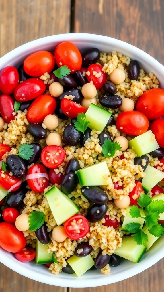 A vibrant Mediterranean quinoa salad with beans, cucumbers, and tomatoes in a bowl, garnished with parsley.